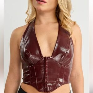 Windsor Burgundy Faux-Leather Halter Corset Top